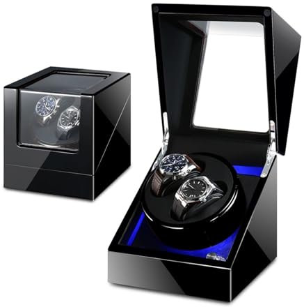 PAHION Uhrenbeweger Für 2 Uhren Automatischer Uhrenbeweger Watch Winder Box Mit LED Beleuchtung Leisem Motor Flexible Uhrenkissen Batteriebetrieb Oder Netzteil(B)