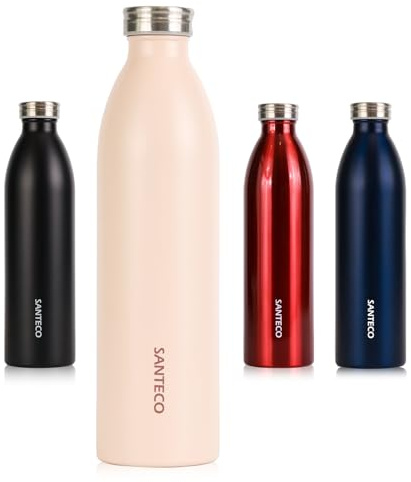 SANTECO Edelstahl Trinkflasche 1L, 100% dicht Thermosflasche 12 h heiß / 24 h kalt, absolut dicht für Schule, Büro, Sport, Outdoor