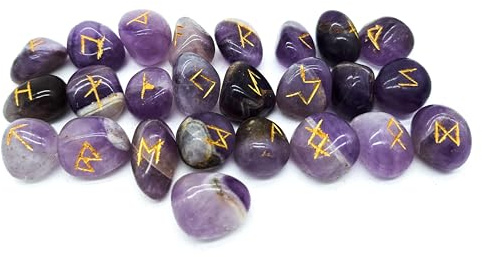 Edelstein Runen Set Elder Futhark Heilstein Amethyst 25 Steine ca. 20 mm im Samtbeutel | Mythologie Wikinger Esoterik Meditation Magie (Amethyst goldene Gravur)