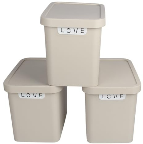 Jolie Max (Set of 3) Plastic Storage Boxes with Lid, 12.5L Capacity Each, Solid Matte Colour, Decorative Design with Handle, Stackable & Nestable Space-Saving Organizers – 31.5 x 21.5 x 24 cm (BEIGE)