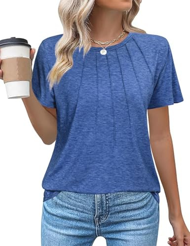Gyabnw Women's Crew Neck Tunic Top Short Sleeve Casual Everyday Wear Blue