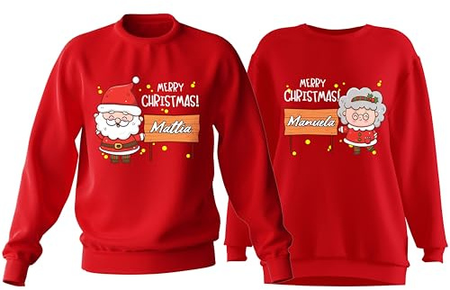 t-shirteria Coppia Felpe Natalizie Girocollo con Nomi Personalizzabili Uomo, Donna, Bambino, Felpa Natale Rossa in Cotone, Simpatica Idea Regalo Famiglia