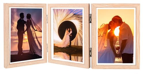 YHNDECO Cadre photo collage pour 3 photos 10 x 15 cm - Pliable - En bois - Avec plaque acrylique - Multicadre pour mariage, famille, bébé, marron clair