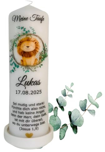 Personalisierte Taufkerze mit Motiv Löwe für Jungen und Mädchen zeichnet sich durch ein modernes und zeites Design aus, das sie einer idealen Wahl für jede Tauffeier macht