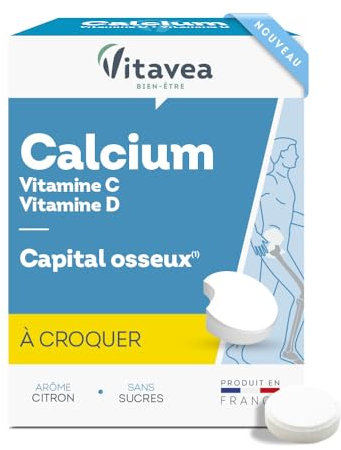 Vitavea - Calcium à Croquer - avec Vitamine C et Vitamine D - Complément Alimentaire Capital Osseux et Métabolisme Énergétique - Saveur Citron - Sans sucres - 24 Comprimés - Cure de 24 jours