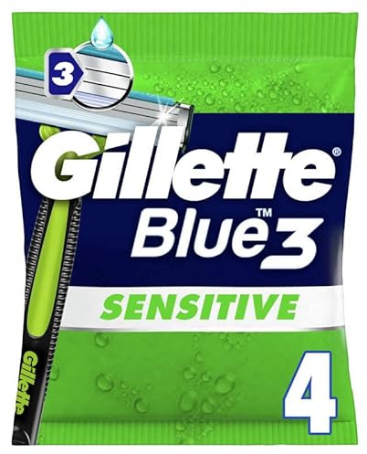 Gillette Lot De 4 Rasoirs Jetables Pour Hommes Blue 3 Sensitive, A 3 Lames Et Avec Une Tête Pivotante, Une Bande Lubrifiante Pour Un Rasage Du Visage En Douceur