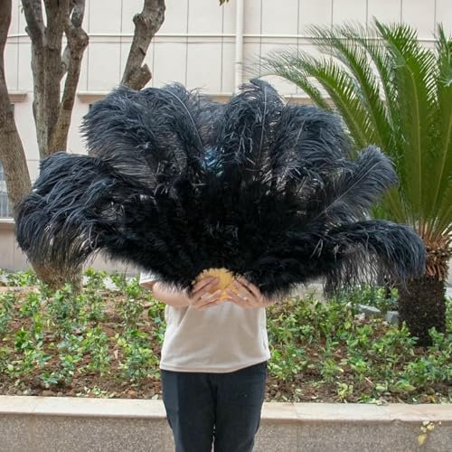 Abanicos de plumas de avestruz grandes y esponjosos de color amarillo, plegables, de mano, para danza, varios estilos, para fiestas, espectáculos, color negro, 100 cm, 130 cm, 2 unidades