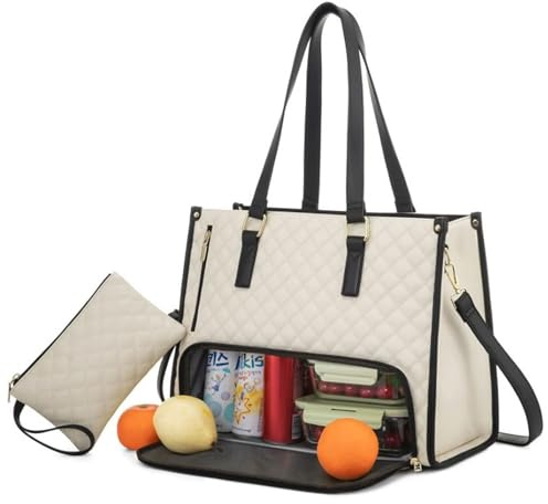 TIMIFUN Lunchtasche Damen, 2-in-1 Lunch Tasche und Handtasche mit Isoliertem Lunchfach, Multifunktionale Bürotasche, 15,6 Zoll Tote Bag Große, Stilvolle Reisetasche für Arbeit, Schule, Büro (Milchig)