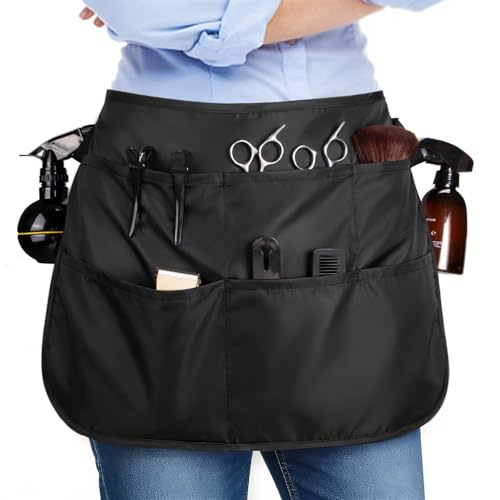 Noverlife Hair Stylist Waist Apron with 5 Pockets & Adjustable Belt, Hair Resistant Bleach-proof Hairdresser Half Waist Apron, Short Length Salon Barber Hairstylist Tool Belt Aprons for Men Women