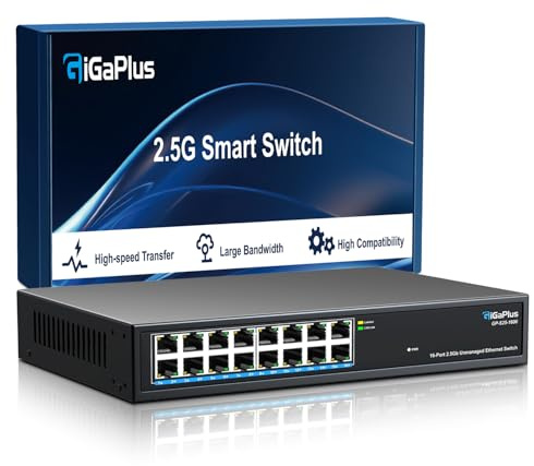 16 Ports 2.5 Gbit/s Unmanaged Ethernet Switch, 16x2.5G Base-T Ports. GiGaPlus 2.5 Gbit/s Netzwerk Switch für 2.5 Gbit/s NAS/PC, Wireless AP, WiFi6 Router. Plug and Play, lüfterloses Design
