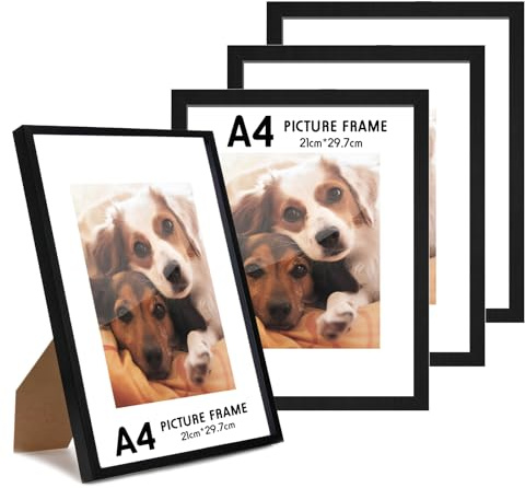 4 Pezzi Cornice A4 in Legno, Cornici Portafoto Nere, Nero Legno Cornices, legno cornici Foto, Cornici per Ritratti A4, Cornice in Legno Nero per Foto per Soggiorno Camera, Formato 21 x 29,7 cm