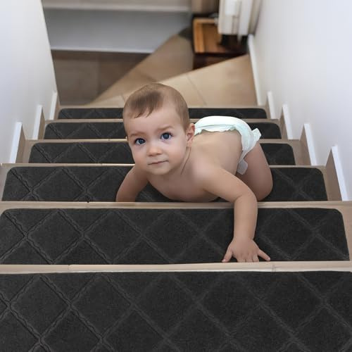 Spesh Treppenstufenmatten Selbstklebend 15 Stück, 76 x 20 cm Anti-Rutsch Stufenmatten Zuschneidbar, Rückstandsfrei Waschbar Treppenteppich für Holztreppen Innen, Sicher für Kinder Hunde Senioren
