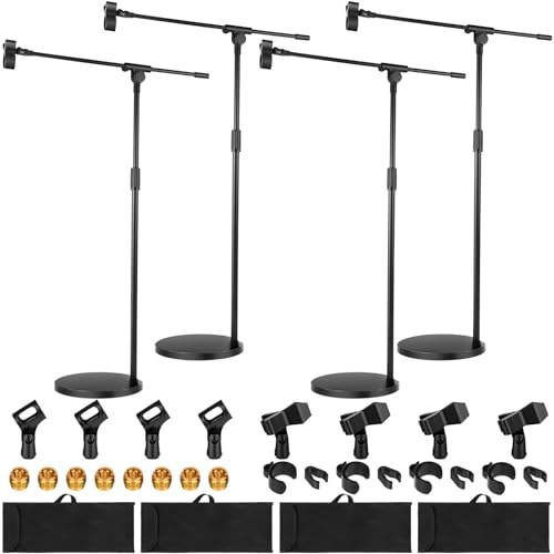 Relaxweex 4 Set Microphone Stands, Boom Arm Floor Mic Stand with Weighted Base, Adjustable Max Height 82 Includes 12 Mic Clips, Screw Adapter and Carrying Bags for Singing Stage Wedding Band Church