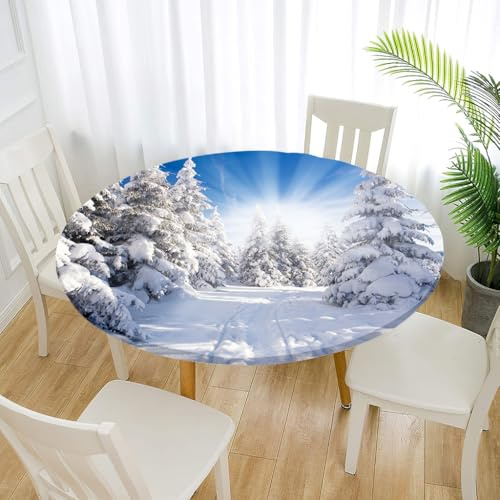 Treer Elastische Tischdecke Rund Abwaschbar, 3D Outdoor Picknick Spanntischdecke Rund Gartentischdecke Round Tischdecke mit Gummizug für Dekoration Küche Picknick (Weihnachten,70cm)