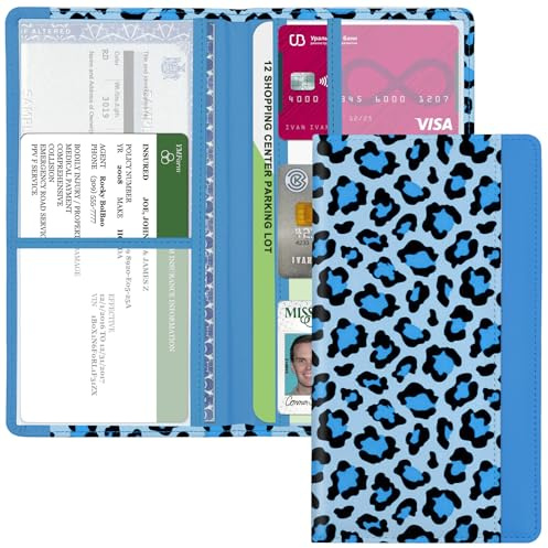 Kakurookie Car Registration and Insurance Holder, with Magnetic Closure for License, Cards and Documents, All Vehicle Needs and Car Accessories (Leopard-Blue)