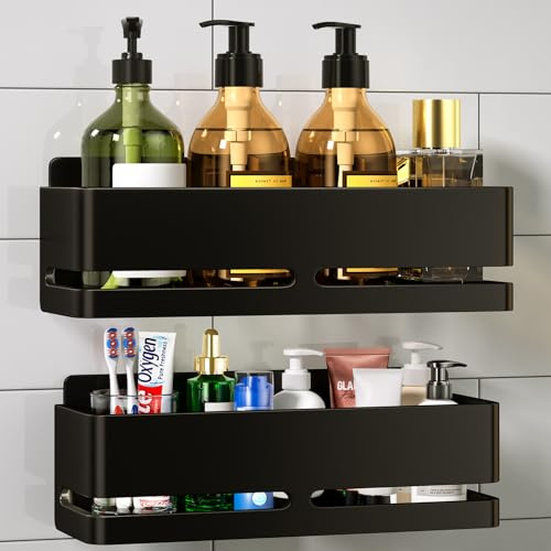 YESENT Aluminio Estanteria Baño，2 Piezas Estanteria Ducha sin Taladro，Negro