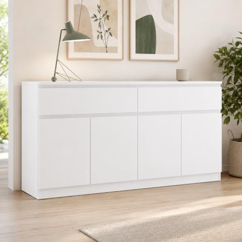Caldion Sideboard Küche Küchenschrank 2 Schubladen und 4 Türen glänzend für Küche Küchenbuffet mit Türen,Eingangsbereich Wohnzimmer 155 x 40 x 83 cm Weiß