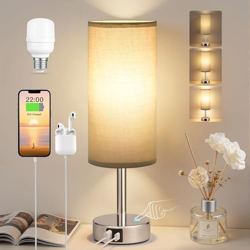 PreeOtti Nachttischlampe Touch Dimmbar, Tischlampe mit USB A+C Ladefunktion, Grauer Lampenschirm aus Stoff, Touch Lampe für Nachttisch Wohnzimmer Schlafzimmer Kinderzimmer Büro(Inklusive Birne)
