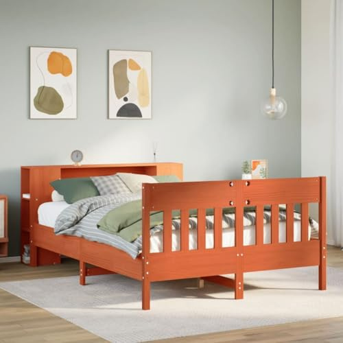 Ordellia Massiv träsäng med hylla, vaxbrun furu, 135 x 190 cm sängram, plattformssäng med ribbotten, sovrumsmöbler, förvaringsgavel för böcker