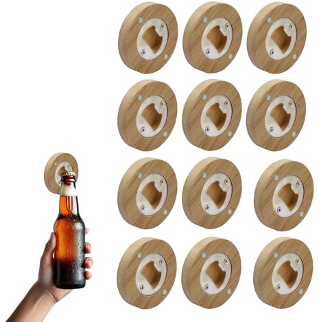 HAYGEM 12 Piezas Abrebotellas Cerveza Circular de Madera, Abre Botes Tarros Magnético, Abridor de Botes Portátil, Imán para Nevera, Adecuado Como Regalo para Padres, Parejas o Amigos