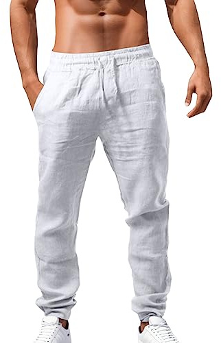Pantaloni Uomo Estivi ,Pantalaccio Con Coulisse Lino Leggeri Tuta Estiva Pantalone Casual Giapponese Da Lavoro Cotone Eleganti Calzoni Di Linen Pants Men Harem Elastico In Vita,white,bianco,L