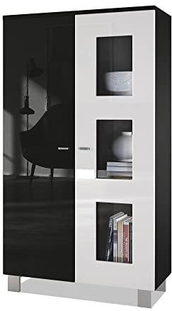 Vladon Vitrine Denjo, Made in Germany, Standvitrine mit 2 Türen und 3 Glaseinsätzen, Schwarz matt/Schwarz Hochglanz/Weiß Hochglanz (71 x 129 x 35 cm)