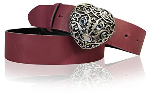 FRONHOFER Gürtel Damen Herz 3,5 cm Strass Herzschnalle, Herz Gürtelschnalle silber, 18354, Größe:Körperumfang 125 cm/Gesamtlänge 140 cm, Farbe:Bordeaux