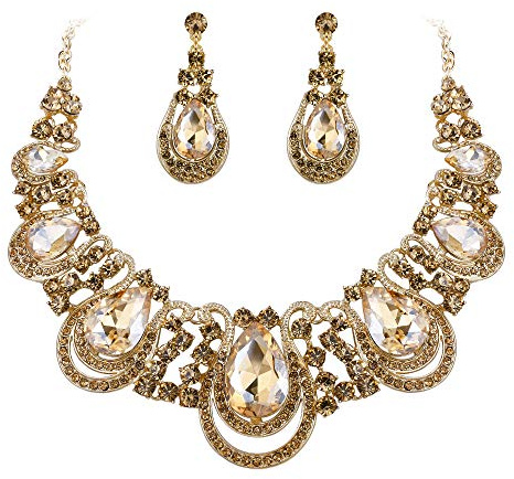BriLove Costume Fashion Jewelry Set for Women Crystal Teardrop Hollow Scroll Statement Necklace Dangle Earrings Champagne