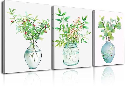Piy Painting Bilder Aquarellmalerei der Grünpflanze im Vase mit den roten Blumen Wandbilder und Kunstdrucke auf Leinwand wasserdichte Home Deko für Wohnzimmer Schlafimmer Küche Malerei 30x40cm 3er