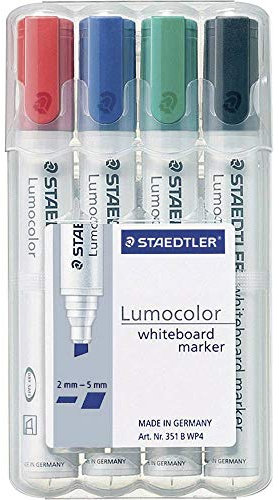 Staedtler Lumocolor Whiteboard Marker, Chisel Tip, Box of 4 Assorted Colors (Red, Blue, Green, Black), 351 WP4aa