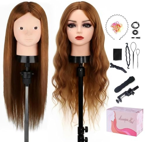 TopDirect 23.5 inch 80% Real Human Hair Training Head Cosmetology Make-up Hairdressing Mannequin Manikin Doll Head with Table Clamp Holder + DIY Hair Styling Braid Set, Light Brown