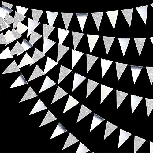 30 Ft Silver Party décorations Glitter Metallic Paper Triangle Banderole Drapeau Garland Bunting pour Anniversaire Bachelorette Anniversaire Baby Bridal Shower