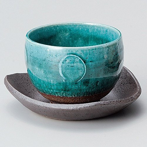 Yamakiikai Japanese Mino-yaki Ceramic Tea Cup Matcha Bowl w/Saucer, Turquoise Kimura 220cc Japan Import M1364