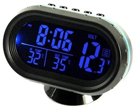 Horloge Numérique de Voiture 4-en-1, Thermomètre Intérieur/Extérieur, Voltmètre de Batterie (12V/24V) Écran LCD Bicolore