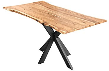 SAM Esszimmertisch 140x80cm Lyon, echte Baumkante, Akazienholz naturfarben, massiver Baumkantentisch mit Spider-Gestell Mattschwarz, Esstisch im Industrial-Design