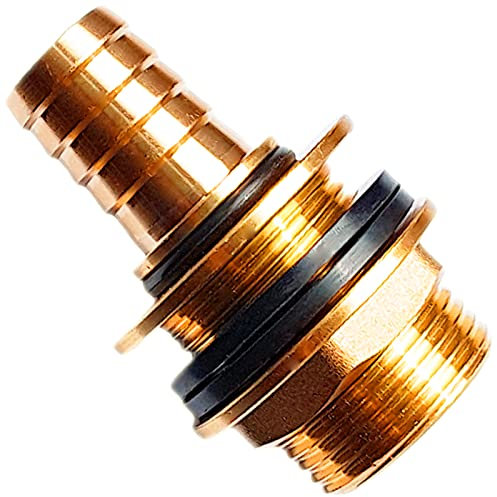 Regentonnendurchführung aus Messing mit 2 Dichtungen für 27mm Loch Regentonne mit Schlauchtülle Außendurchmesser 14mm 1/2 Zoll Halbzoll Tank Fass Durchführung Garten Schlauch