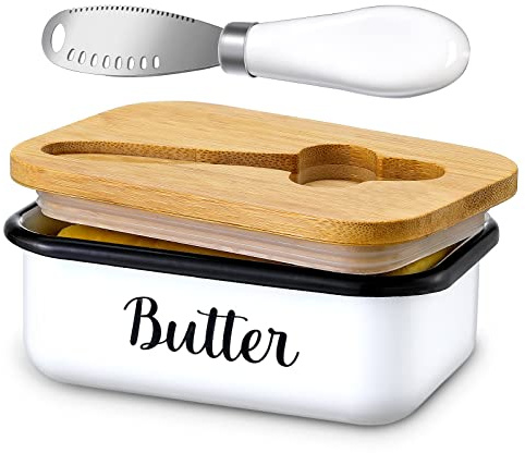 LANDNEOO Butter Dish with Lid and Butter Curler Knife - Unbreakable Stainless Steel Keeper Container with Double Silicone Sealing, for Kitchen Farmhouse Decor
