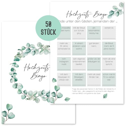 Things of Happiness 50x Hochzeitsbingo by Hochzeitsspiel für Gäste zum Kennenlernen | Hochzeitsspiel Gäste | Hochzeitsgeschenk-TIPP fürs Brautpaar (Grün Eucalyptus)