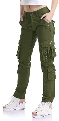 Tianerhay Pantalon cargo de combat pour femme - Style militaire, tactique et décontracté - Plusieurs poches - Pour l'extérieur, la randonnée, vert militaire, 34