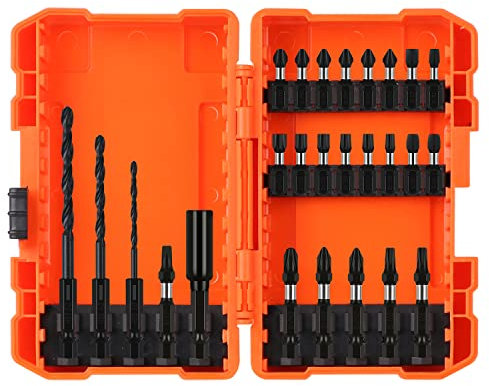 BRIMIX 26 pcs juego de puntas de destornillador, porta punta y brocas, acero S2, estuche organizador, phillips, torx y cuadradas. Vastago de impacto para taladros profesional