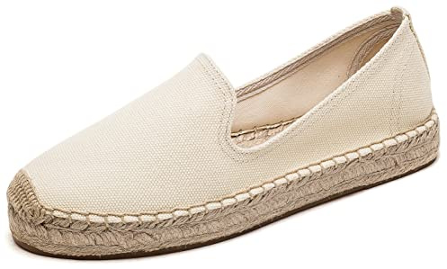 U-lite Women's Classic Slip on Flat Shoes Casual Cap-Toe Platform Simple Espadrille Canvas Loafers Beige Canvas 7.5
