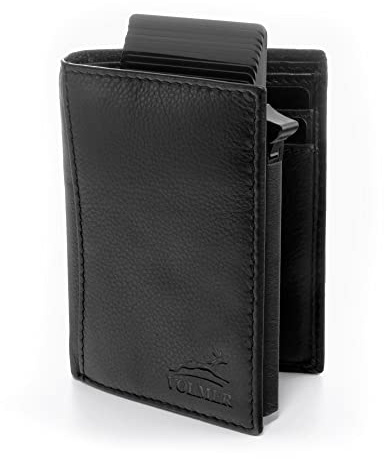 Fa.Volmer ® PopUp-Geldbörse aus Echt-Leder inklusive Münzfach | Abnehmbarer Karten-Halter | RFID-Schutz | Rockland (Typ 02 schwarz)