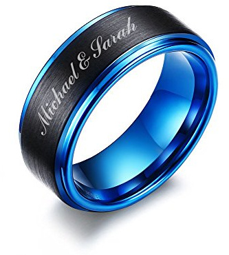 Personalisierte Ringe Herren Wolfram Ringe: Individuell Ring 2-Ton Schwarz Blau Wolframkarbid Ehering Versprechen Ring Verlobung Ring für Ihn Ehemann Freund, 8mm Gravur Namen Ring,gebürstet Finish