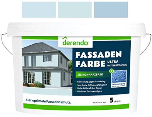 derendo Silikonharz Fassadenfarbe Blau ULTRA Wetterschutz Himmelblau 5 l aussen Fassade Silikonharzfarbe mit Abperleffekt Lotus Blatt Fassadenschutz Schmutzabweisende Silikonharzbeschichtung