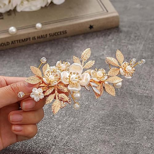 JAKAWIN Gold Hair Clip Bridal Hair Accessories Flower Hair Piece for Women FJ03 (Gold)