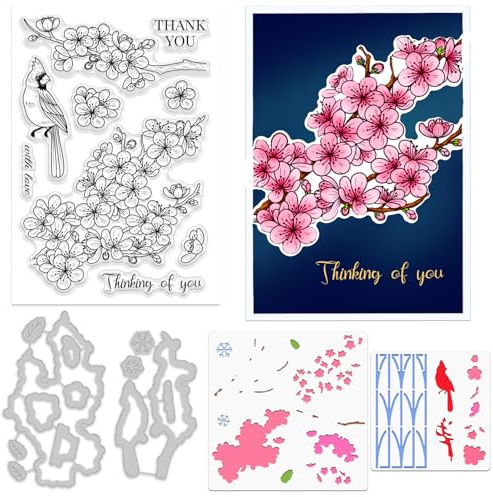 ORIGACH Realistische Frühling Pflaume Blüte Stempel und Stanzen und Schichtung Färbung Schablone Bundle für Kartenherstellung Fotoalbum Kunsthandwerk Zubehör