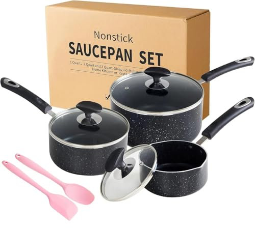 RATWIA Nonstick Saucepan Set - 3-Pieces Pot Set 1 Quart & 2 Quart & 3 Quart,Ultra Non Stick Sauce Pan Small Pot with Glass Lid,Great for Home Kitchen Restaurant,Black