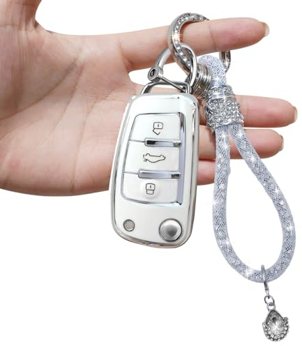 Yumzeco 3 Tasten Silicone TPU Autoschlüssel Hülle Cover mit glänzendem Diamant Schlüsselband, Kompatibel mit Audi A1 A3 A4 A5 A6 Q3 Q5 Q7 S3 S4 RS5 RS6 TT, Auto Keyless Smartkey Schutzhülle-Weiß