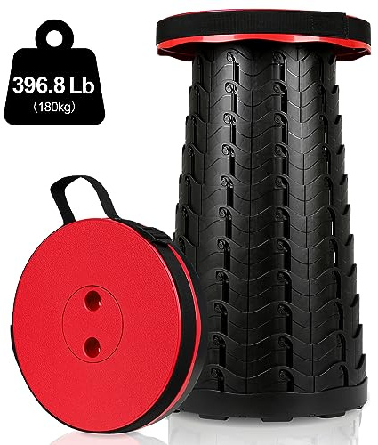 Fiqops bärbar hopfällbar pall vikbar lastkapacitet 180 kg, lätt vikbar pall, 6–44 cm justerbar teleskoppall, campingpall utdragbar för camping trädgård fiske röd