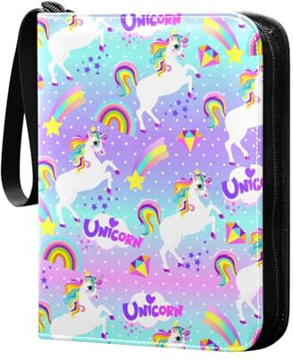 Einhorn Regenbogen Sterne Sammelkartenalbum 4 Taschen Kartenordner 50 Seiten 400 Karten PU Reißverschluss Kartenbinder Aufbewahrung Halter für Sportspielkarte